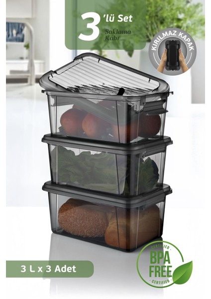 3'lü Set 3l Kilit Kapaklı Erzak Saklama Kabı Difriz Buzdolabı Düzenleyici Un Bakliyat Saklama Kutusu
