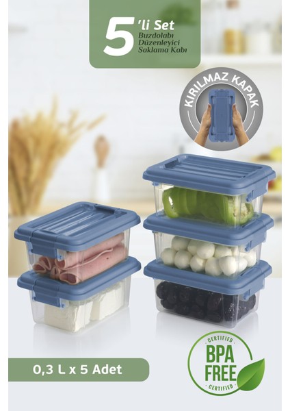 5'li Set Kahvaltılık Saklama Kabı 300 ml - Kilit Kapaklı Diyet Beslenme Kabı Lunch Box 5X300 ml