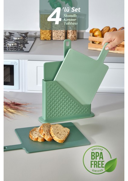 4'lü Tezgah Üstü Standlı Kulplu Kesme Tahtası - Çoklu Doğrama Tahtası Ekmek Sebze Et Kesim Panosu