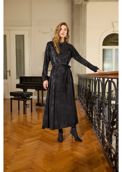 Jakarlı Cupro Elbise 38801 Siyah