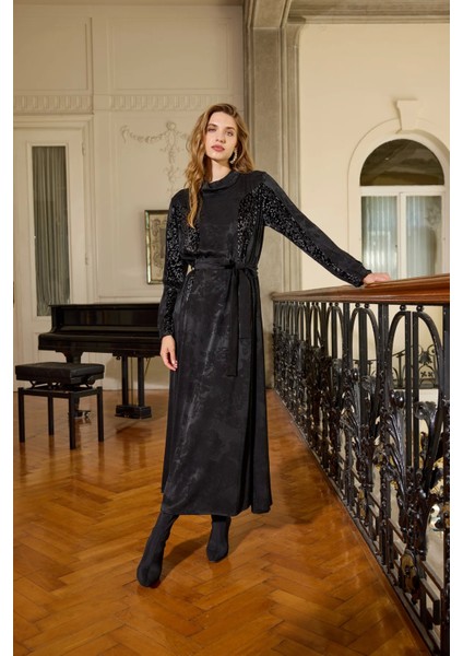 Jakarlı Cupro Elbise 38801 Siyah modelleri