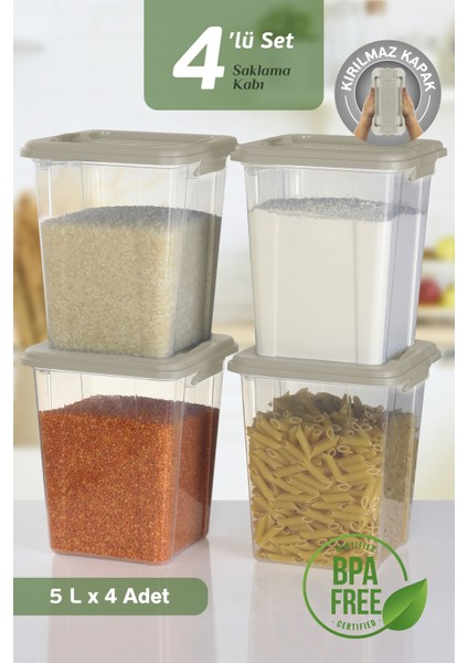 4'lü Organizer Box 5 L Un Bakliyat Erzak Kabı - Kilit Kapaklı Düzenleyici Deterjanlık Saklama Kutusu
