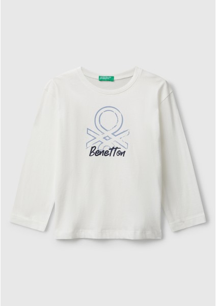 Erkek Çocuk Organik Pamuklu Önü Logo Baskılı Uzun Kollu Jarse T-Shirt