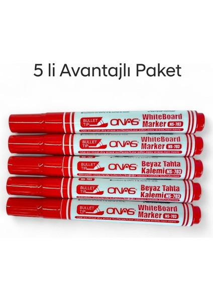 Mikro NS-703 Yuvarlak Uç Beyaz Yazı Tahta Kalemi Kırmızı 5 Lı Set