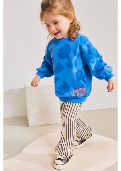 Kız Çocuk Çiçek Desenli Nakış Detaylı 3 Iplik Kumaş Alt Üst Takım