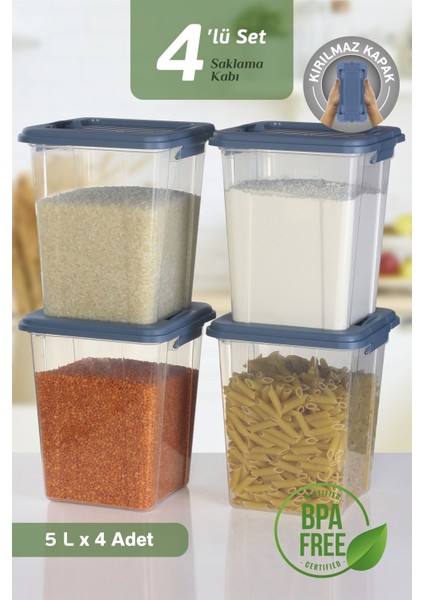 4'lü Organizer Box 5 L Un Bakliyat Erzak Kabı - Kilit Kapaklı Düzenleyici Deterjanlık Saklama Kutusu