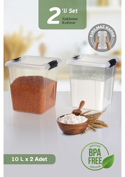 2'li Mega Organizer Box 10L - Un Bakliyat Erzak Saklama Kabı Kilit Kapaklı Deterjan Düzenleyici Kutu