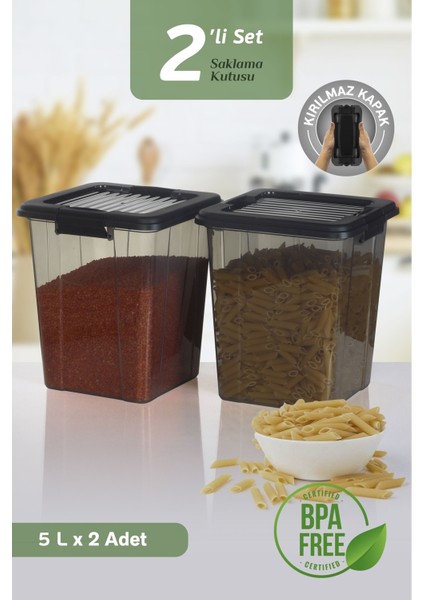 2'li Organizer Box 5l Un Bakliyat Erzak Kabı - Kilit Kapaklı Düzenleyici Deterjanlık Saklama Kutusu