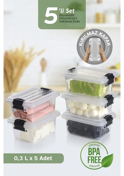5'li Set Kahvaltılık Saklama Kabı 300 ml - Kilit Kapaklı Diyet Beslenme Kabı Lunch Box 5X300 ml