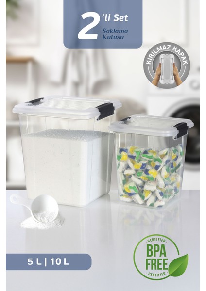 2'li Set 5-10L Kilit Kapak Saklama Kutusu Deterjanlık - Un Bakliyat Erzak Saklama Kabı Organizer Box