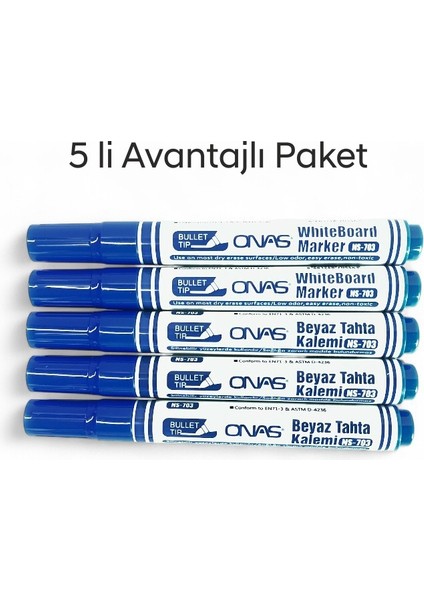 Mikro NS-703 Yuvarlak Uç Beyaz Yazı Tahta Kalemi Mavi 5 Lı Set