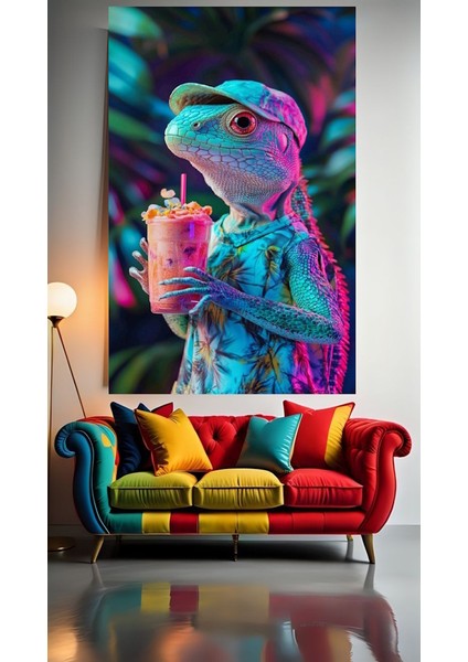 Içecek Içen Kertenkele V1 Ev Duvar Salon Güzellik Salonu Ofis Dükkan Dekarasyon Kanvas Tablo