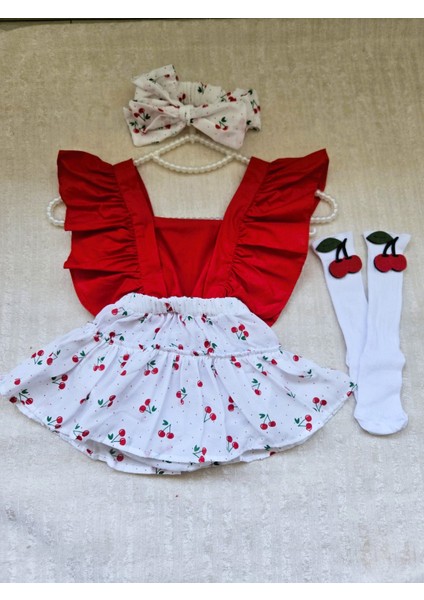 Kız Bebek Kiraz Desen Fırfırlı Kırmız Slopet Bandana Kiraz Keçeli Beyaz Çorap 3'lü Set