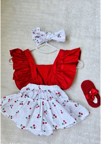 Kız Bebek Kiraz Desen Fırfırlı Kırmız Slopet Bandana Kırmızı Babet 3'lü Set