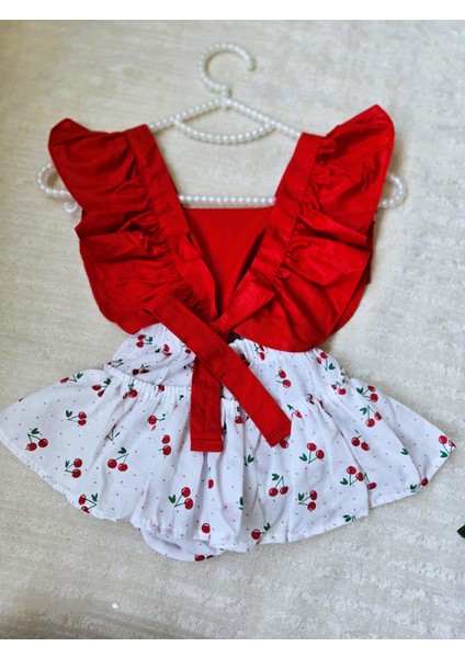 Kız Bebek Kiraz Desen Fırfırlı Kırmız Slopet Bandana Kırmızı Babet 3'lü Set fiyatları