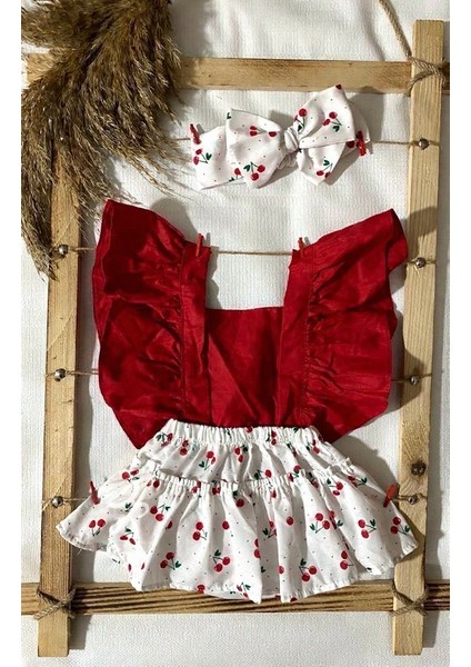 Kız Bebek Kiraz Desen Fırfırlı Kırmız Slopet Bandana Kırmızı Babet 3'lü Set modelleri