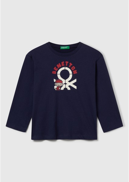 Erkek Çocuk Çok Renkli Logo Baskılı Bisiklet Yaka Uzun Kollu T-Shirt