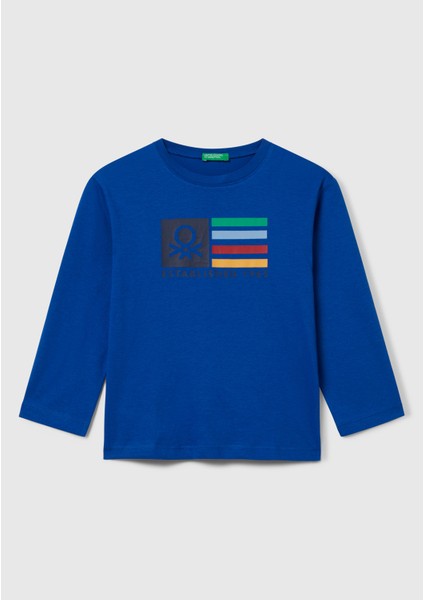 Erkek Çocuk Çok Renkli Logo Baskılı Bisiklet Yaka Uzun Kollu T-Shirt