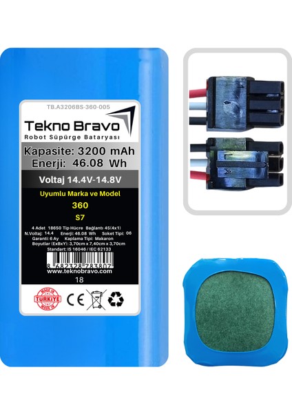(360 S7 Uyumlu) 3200MAH 46,08WH Robot Süpürge Yedek Bataryası