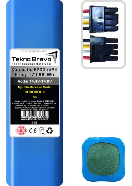 (Roborock S6 Uyumlu) 5200MAH 74,88WH Robot Süpürge Yedek Bataryası