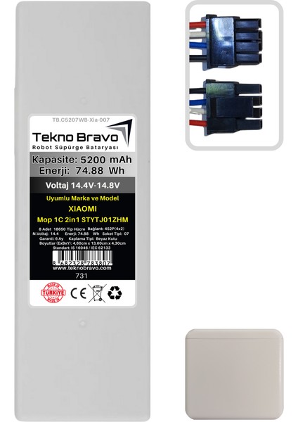 (Xiaomi Mop 1c 2in1 STYTJ01ZHM Uyumlu) 5200MAH 74,88WH Robot Süpürge Yedek Bataryası