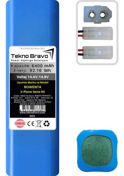 (Rowenta X-Plorer Serie 95 Uyumlu) 6400MAH 92,16WH Robot Süpürge Yedek Bataryası