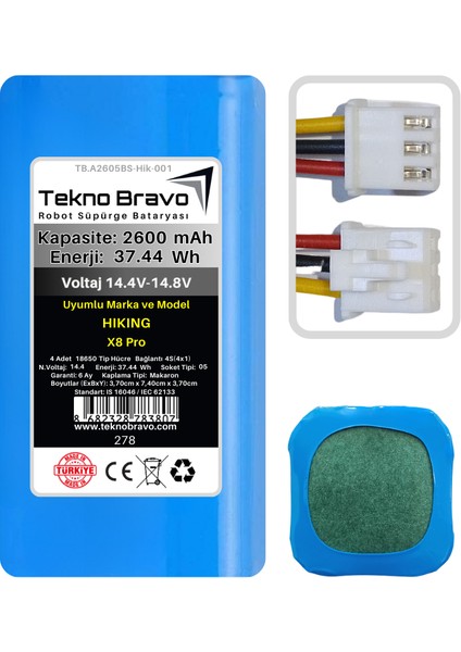 (Hiking X8 Pro Uyumlu) 2600MAH 37,44WH Robot Süpürge Yedek Bataryası