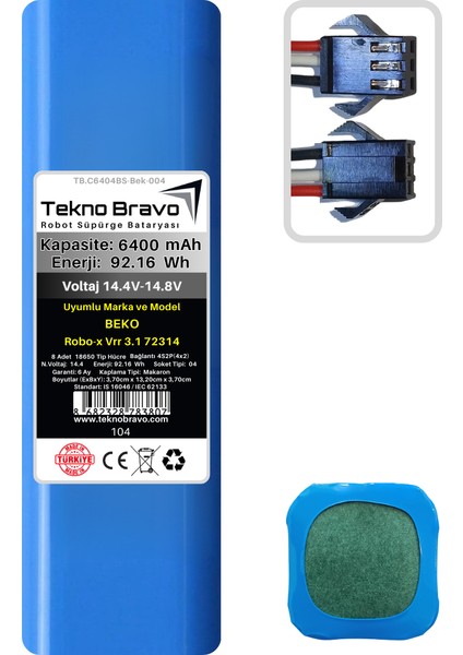 (Beko Robo-X Vrr 3.1 72314 Uyumlu) 6400MAH 92,16WH Robot Süpürge Yedek Bataryası