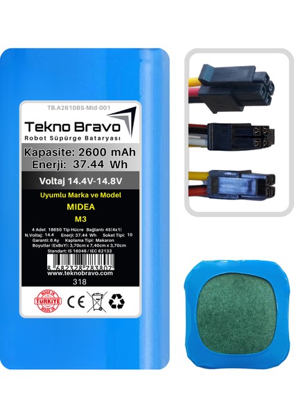 (Midea M3 Uyumlu) 2600MAH 37,44WH Robot Süpürge Yedek Bataryası