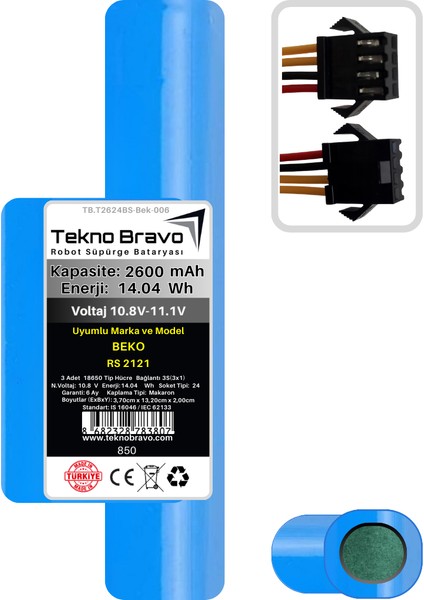 (Beko Rs 2121 Uyumlu) 2600MAH 14,04WH Robot Süpürge Yedek Bataryası