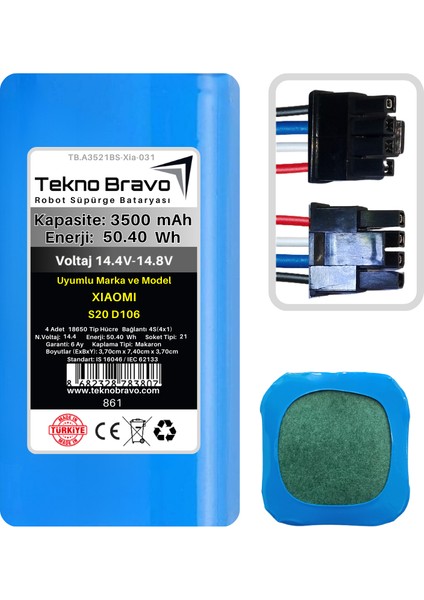 (Xiaomi S20 D106 Uyumlu) 3500MAH 50,4WH Robot Süpürge Yedek Bataryası