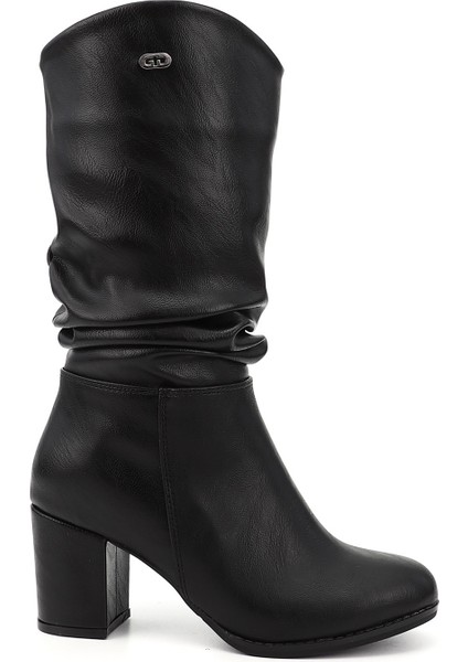 Kadın Siyah Yuvarlak Burun Körüklü Kalın Topuklu Çizme