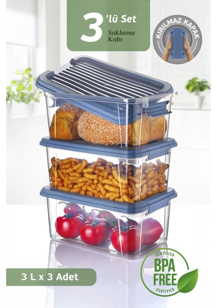3'lü Set 3l Kilit Kapaklı Erzak Saklama Kabı Difriz Buzdolabı Düzenleyici Un Bakliyat Saklama Kutusu