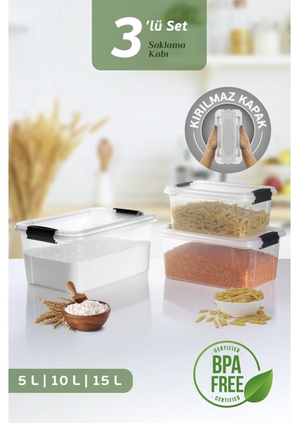 3'lü Organizer Box 5-10-15L Saklama Kabı - Çok Amaçlı Düzenleyici Kilit Kapak Derin Saklama Kutusu