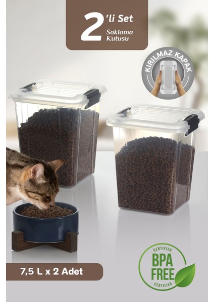 2'li Mega 7,5l Kedi Köpek Kuru Mama Saklama Kabı - Kilit Kapak Çok Amaçlı Düzenleyici Saklama Kutusu