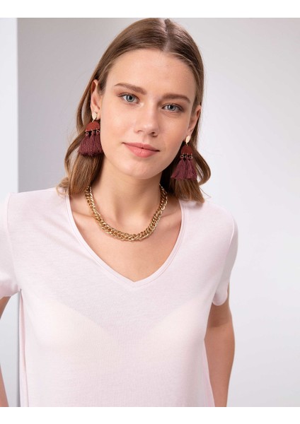 Kadın Toz Pembe Regular Fit V Yaka Tişört 50202619-VR050