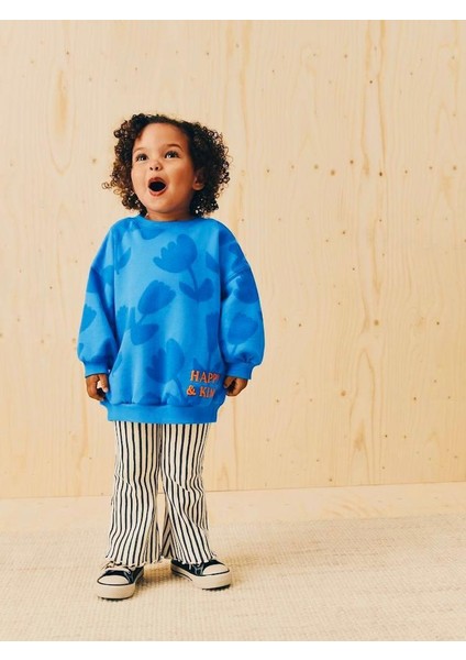 Kız Çocuk Pamuklu Mavi Çiçek Desenli Sweatshirt Çizgili Pantolon Takım fiyatları