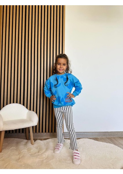 Kız Çocuk Pamuklu Mavi Çiçek Desenli Sweatshirt Çizgili Pantolon Takım modelleri