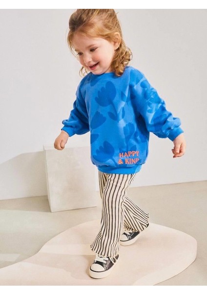 Kız Çocuk Pamuklu Mavi Çiçek Desenli Sweatshirt Çizgili Pantolon Takım