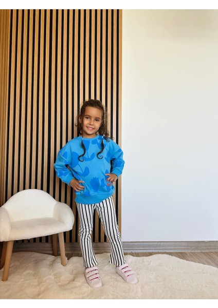 Kız Çocuk Pamuklu Mavi Çiçek Desenli Sweatshirt Çizgili Pantolon Takım fırsatları