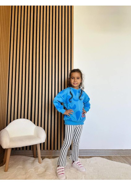 Kız Çocuk Pamuklu Mavi Çiçek Desenli Sweatshirt Çizgili Pantolon Takım indirimleri