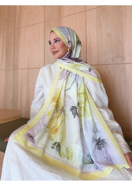 Desenli Bambu Kraş Şal Sarı-Mor Çiçek