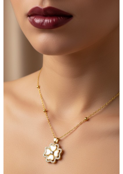 Altın Renk Beyaz Sedef Van Cleef Yonca Model Top Zincir Çelik Kolye- 3726