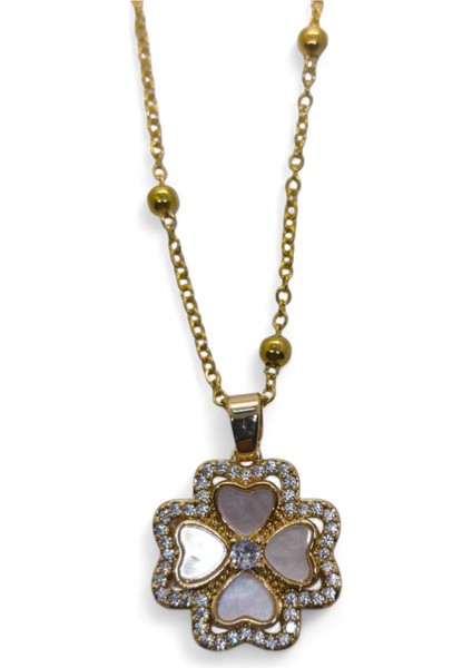 Altın Renk Beyaz Sedef Van Cleef Yonca Model Top Zincir Çelik Kolye- 3726 fiyatları