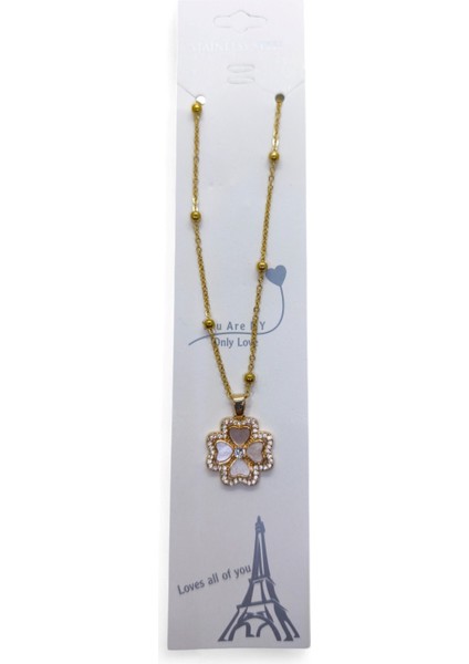 Altın Renk Beyaz Sedef Van Cleef Yonca Model Top Zincir Çelik Kolye- 3726 modelleri