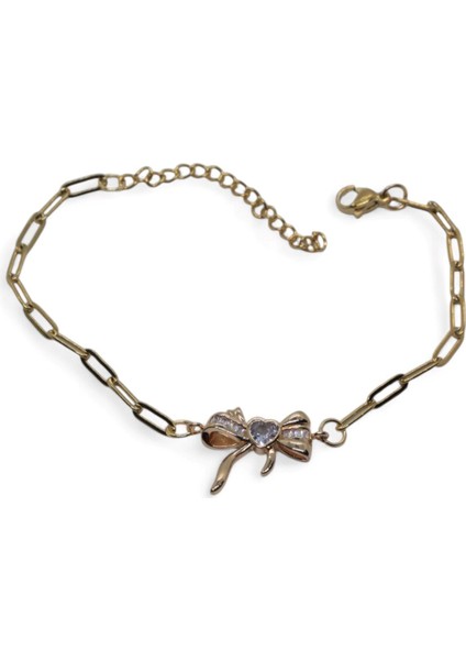 Altın Renk Kalp Fiyonk Model Ataç Zincir Çelik Bileklik - 3670 fiyatları