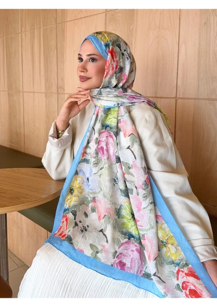 Desenli Bambu Kraş Şal Mavi-Renkli