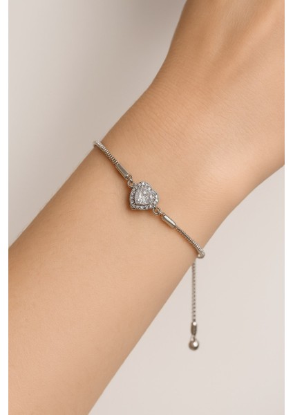 Gümüş Renk Kalpli Asansörlü Perry Çelik Bileklik - 3406
