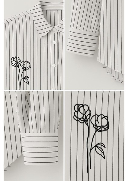 Standart Beden Oversize Çizgili Nakış Detaylı Gömlek modelleri