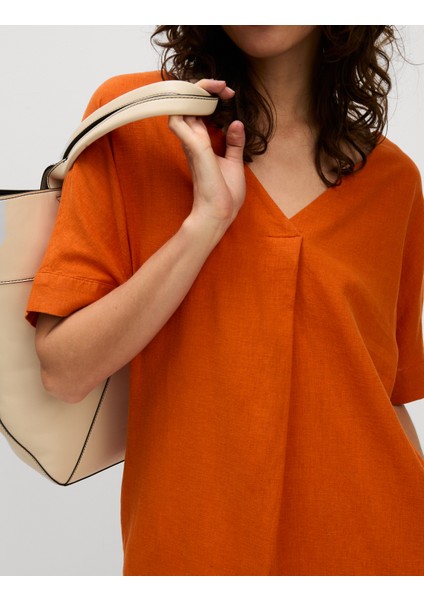 Keten Karışımlı V Yaka Midi Elbise